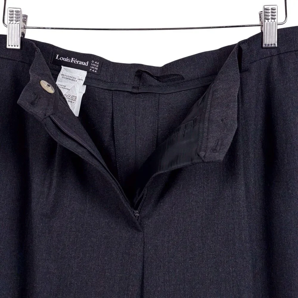 Vintage Louis Feraud Gray Wool High Rise Pleated Wide Leg Pants Size 12